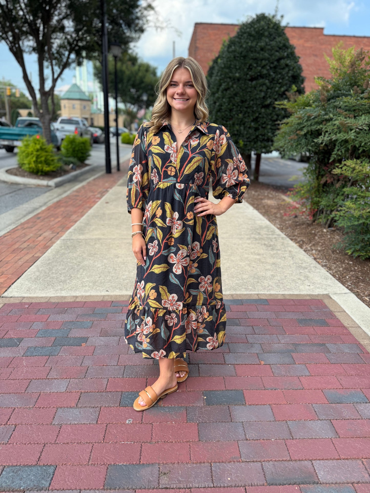 Umgee Mix Floral Tiered Midi Dress