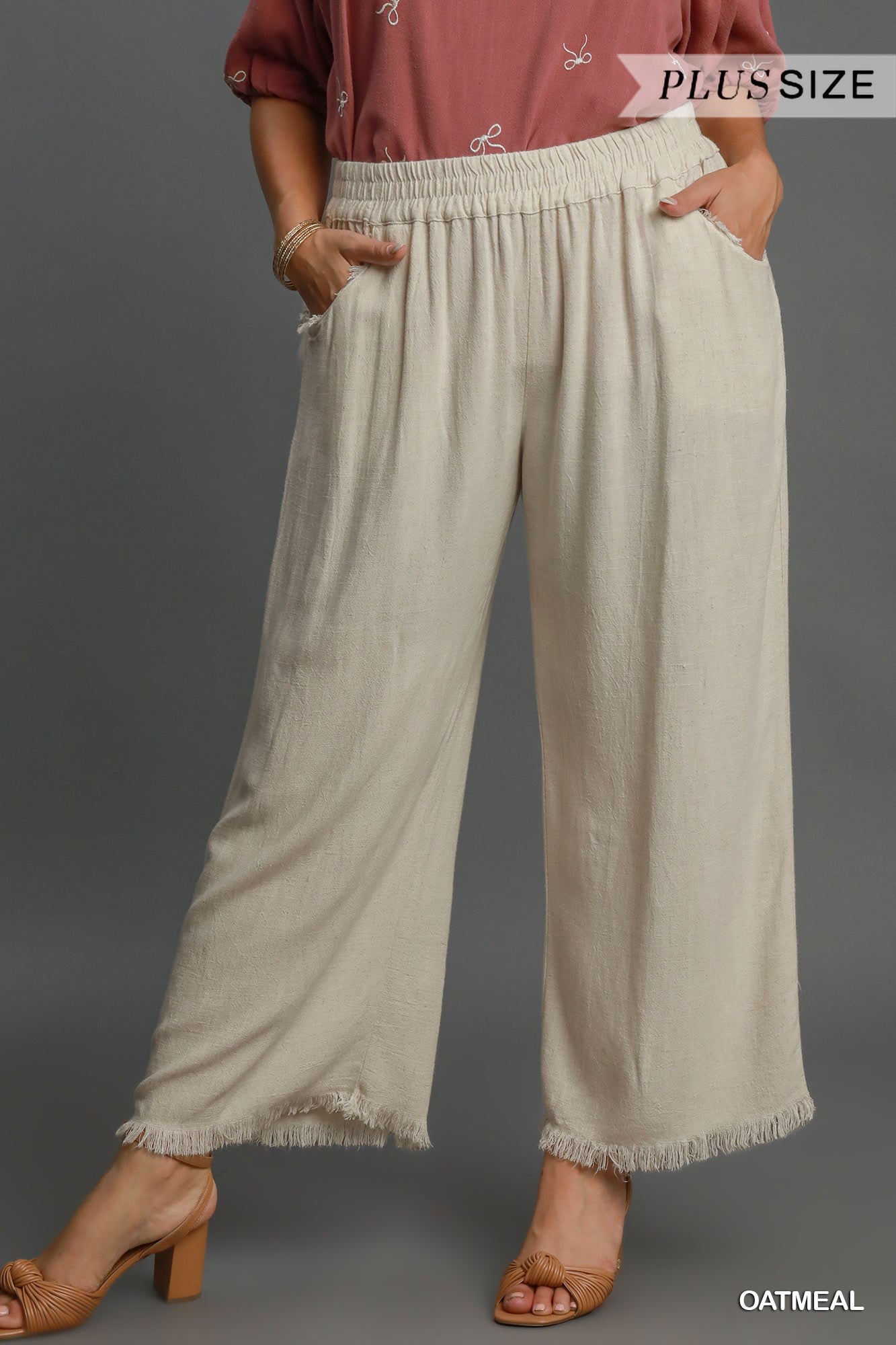 PLUS Umgee Oatmeal Linen Blend Frayed Hem Wide-Leg Pants