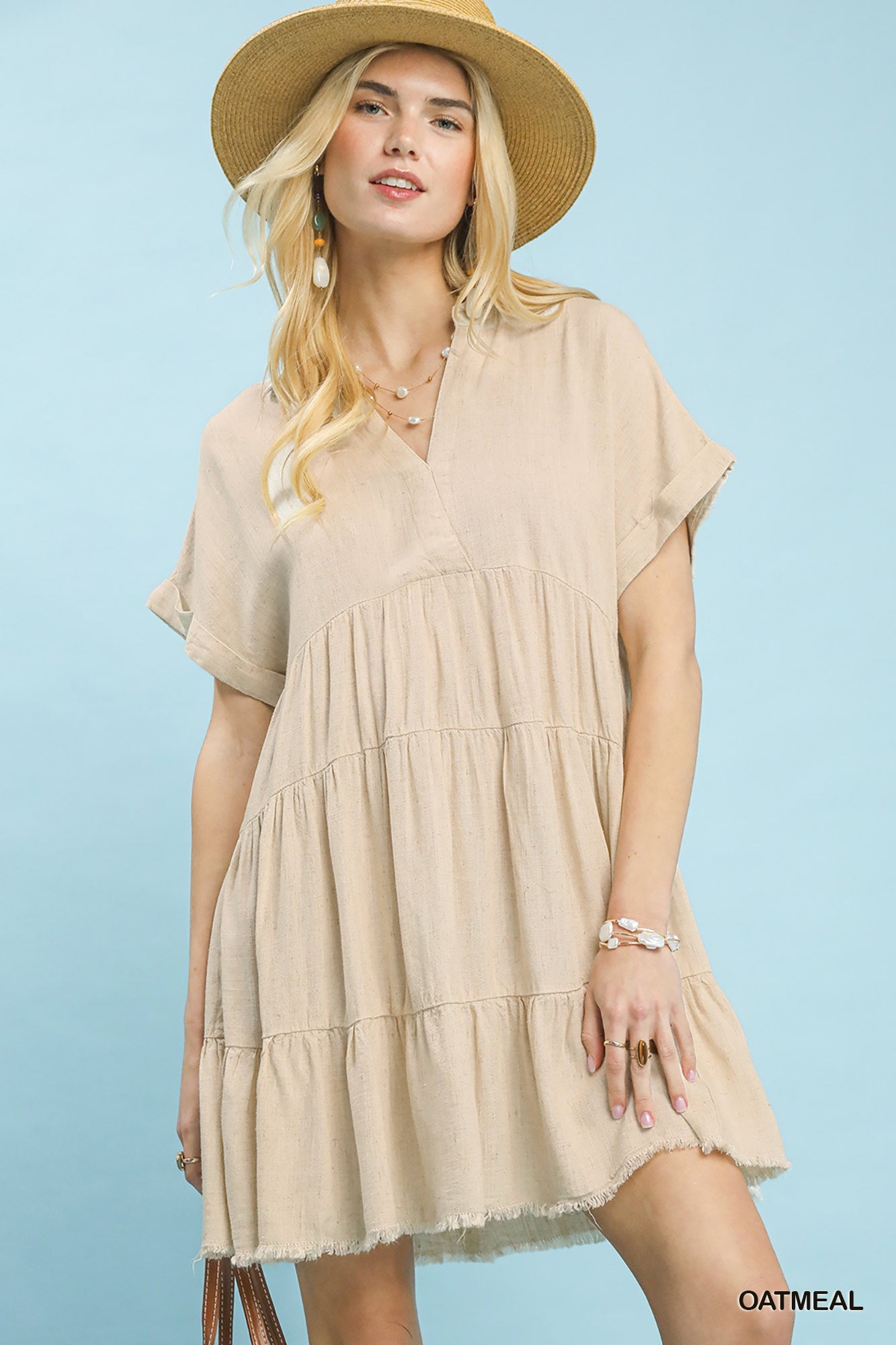 Umgee Oatmeal Linen Blend Tiered Babydoll Dress