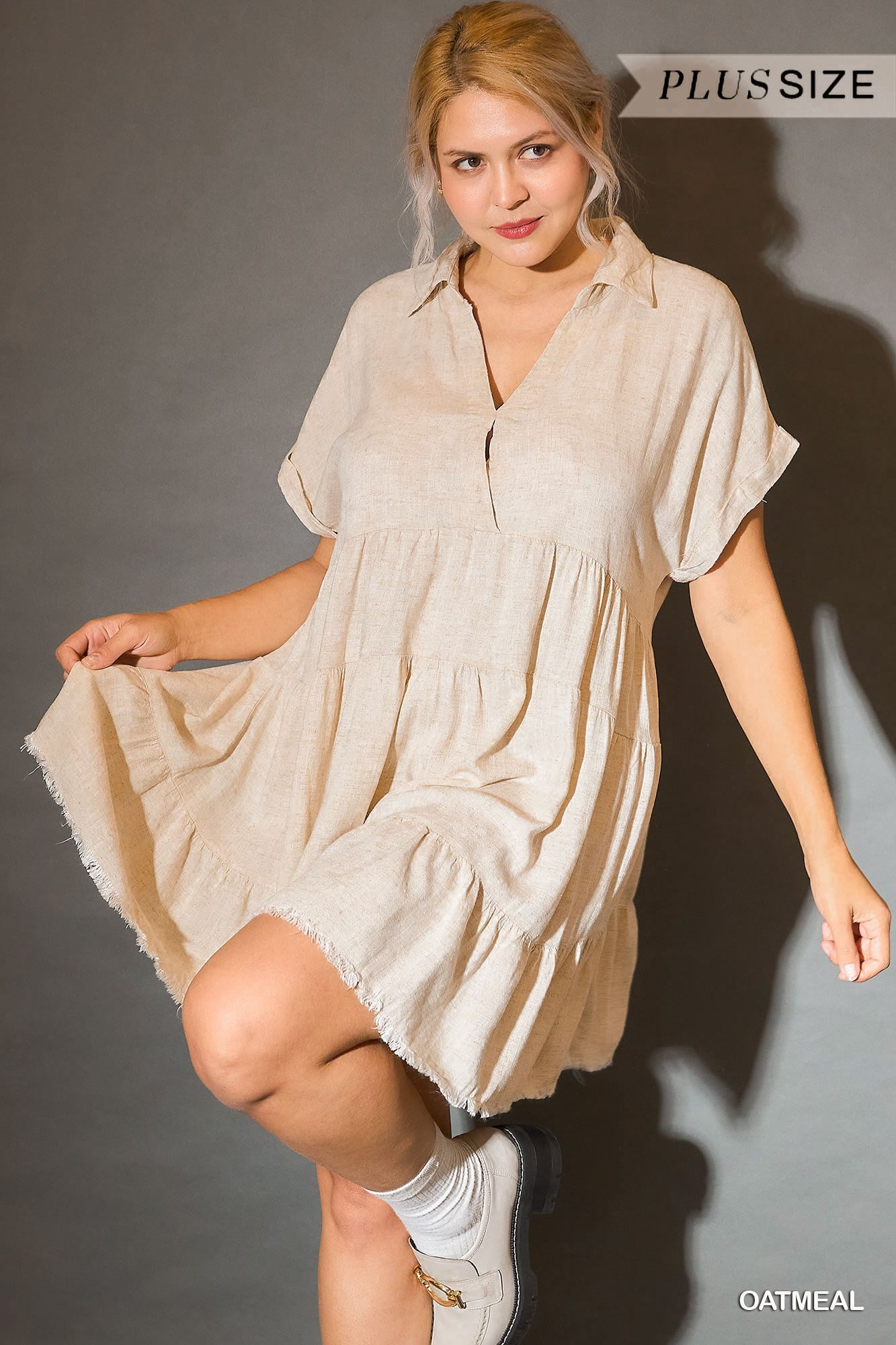 PLUS Umgee Oatmeal Linen Blend Tiered Babydoll Dress