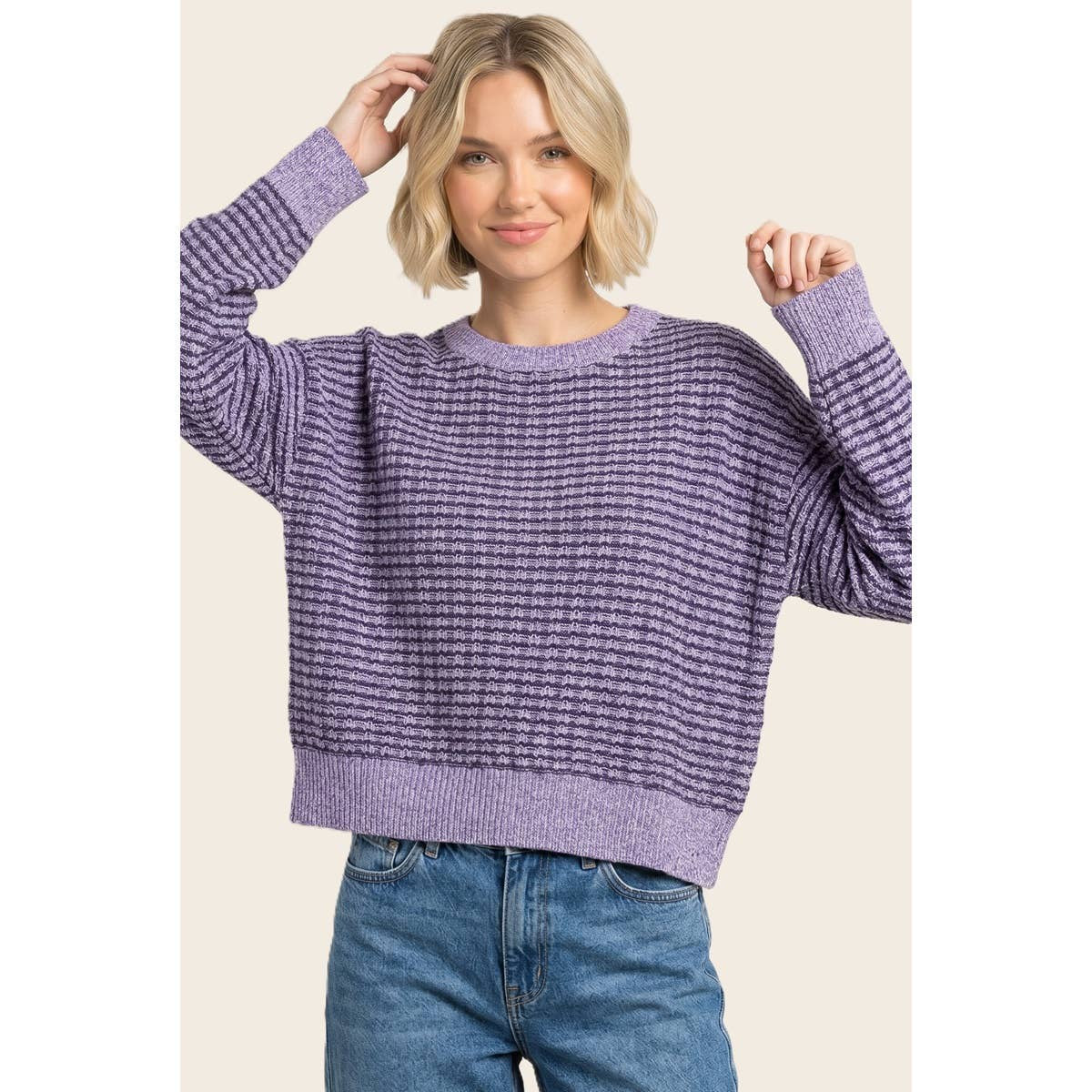 Staccato Purple Waffle Texture Striped Sweater