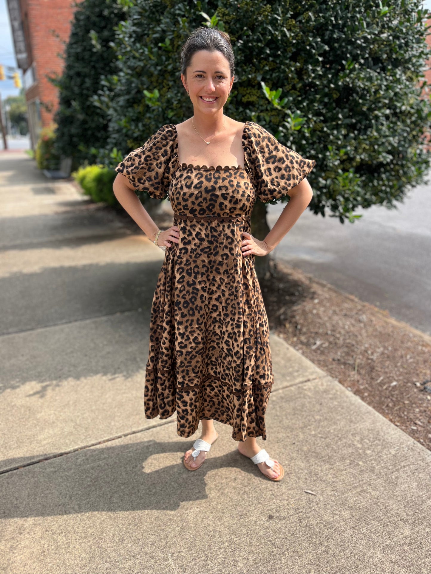 Cheetah Square Neck Bubble Sleeve Midi Dress