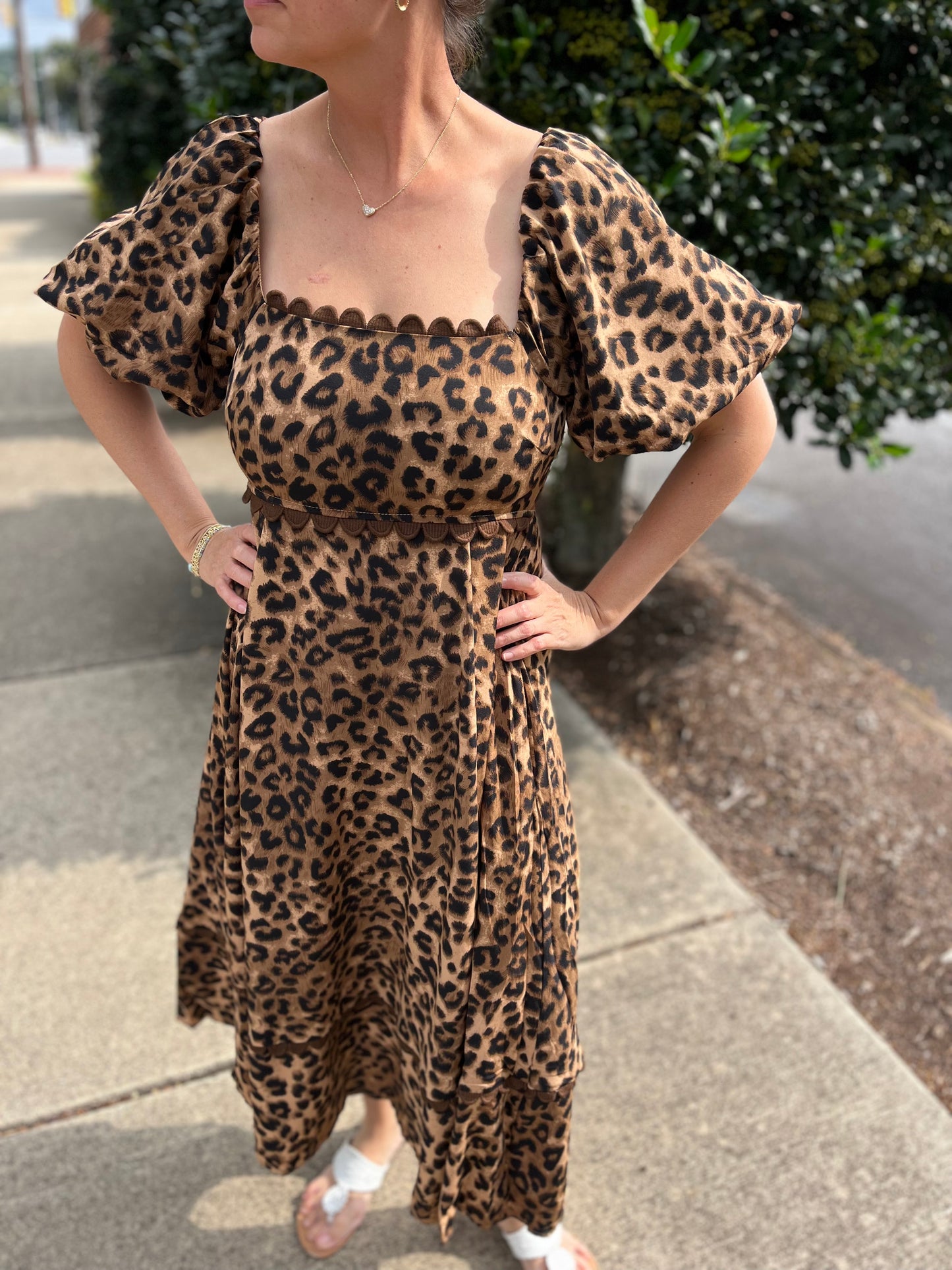 Cheetah Square Neck Bubble Sleeve Midi Dress