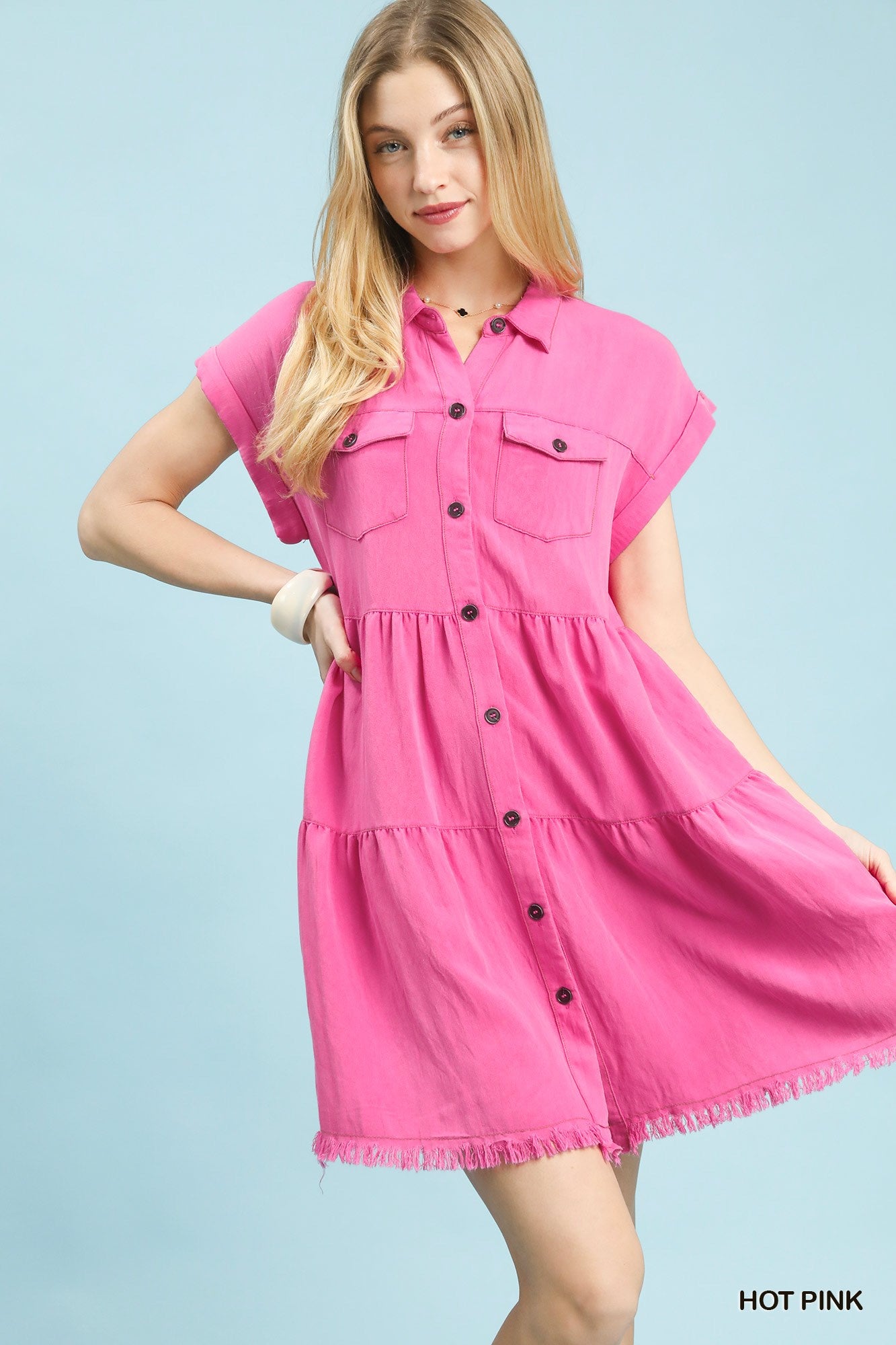 Umgee Hot Pink Snow Washed Button-Up Dress
