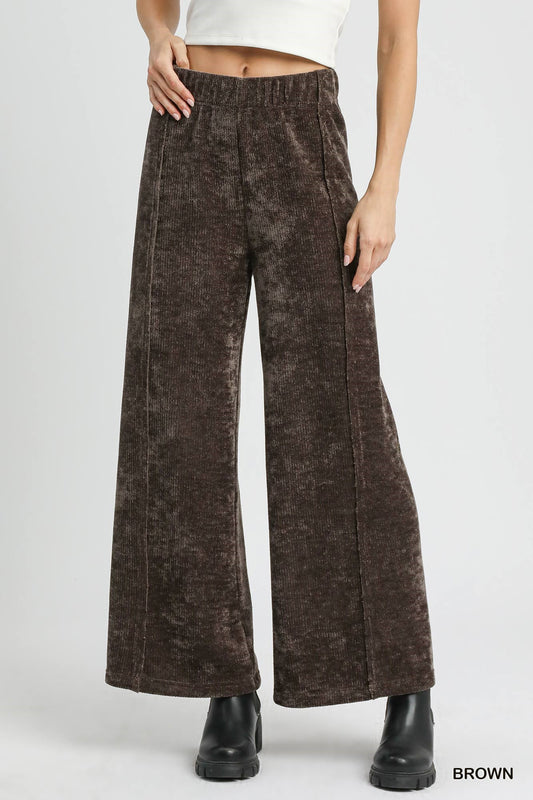 Umgee Luxeknit Chocolate Brown Wide Leg Pants – Ribbed Knit Fall Pants