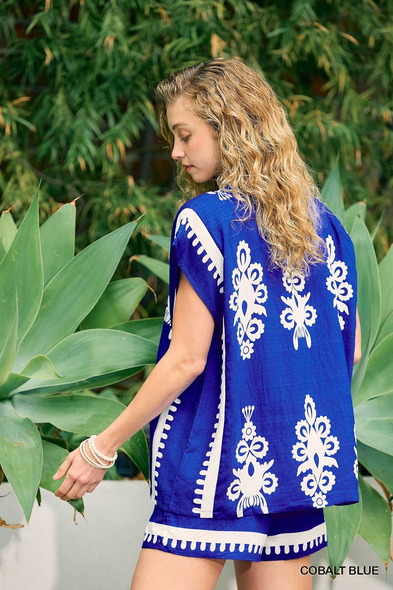 Umgee Cobalt Blue Border Print Poncho Top – Women's Relaxed Boho Viscose Blouse