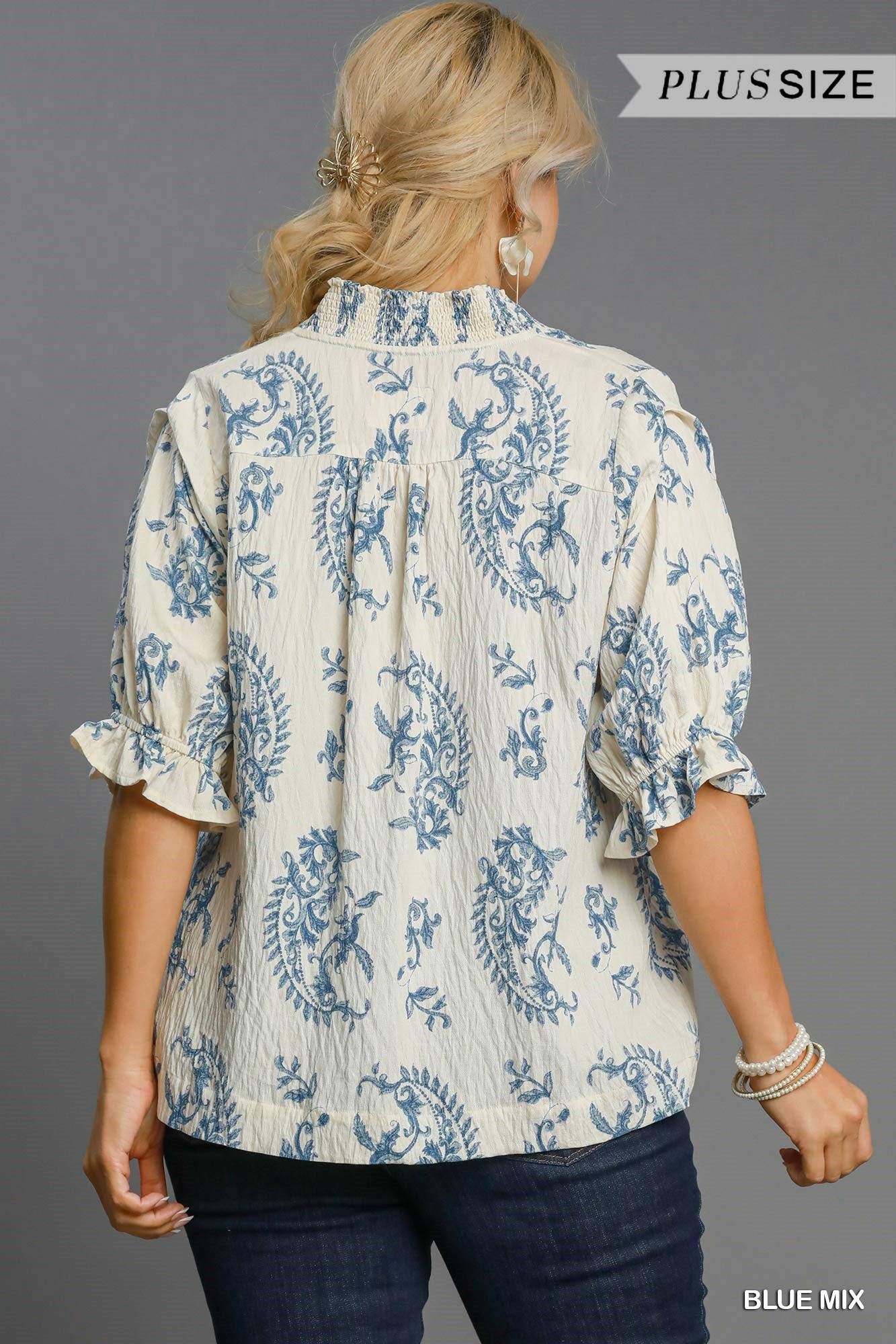 PLUS Umgee Paisley Print V-Neck Top – Blue Mix