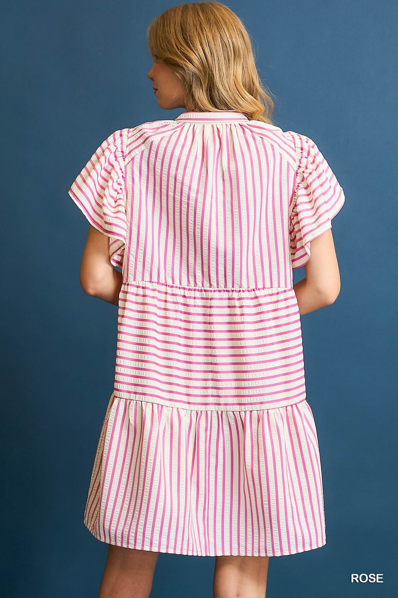Umgee Rose Striped Flutter Sleeve Babydoll Dress