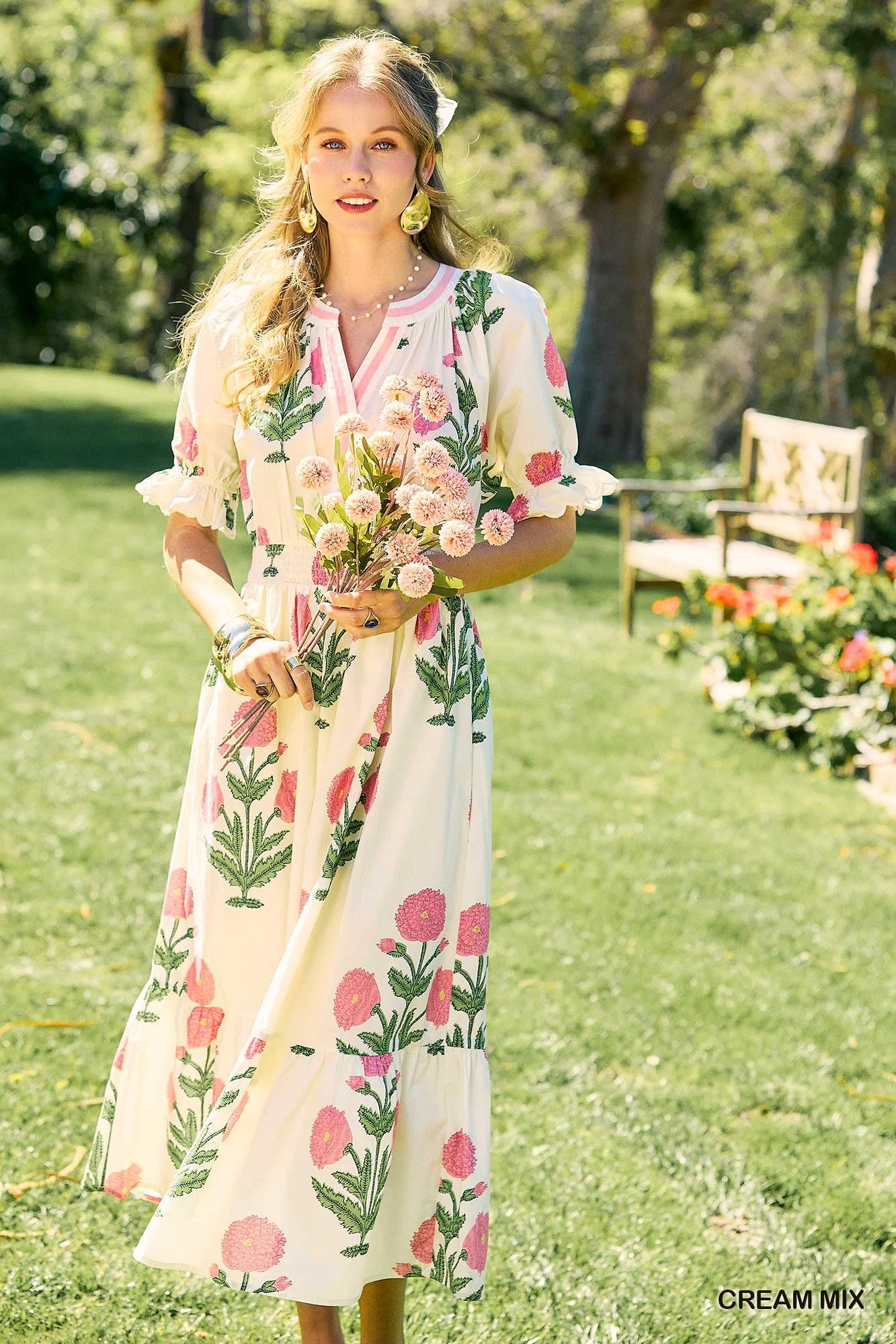 Umgee Pink/Green Floral Smocked Midi Dress