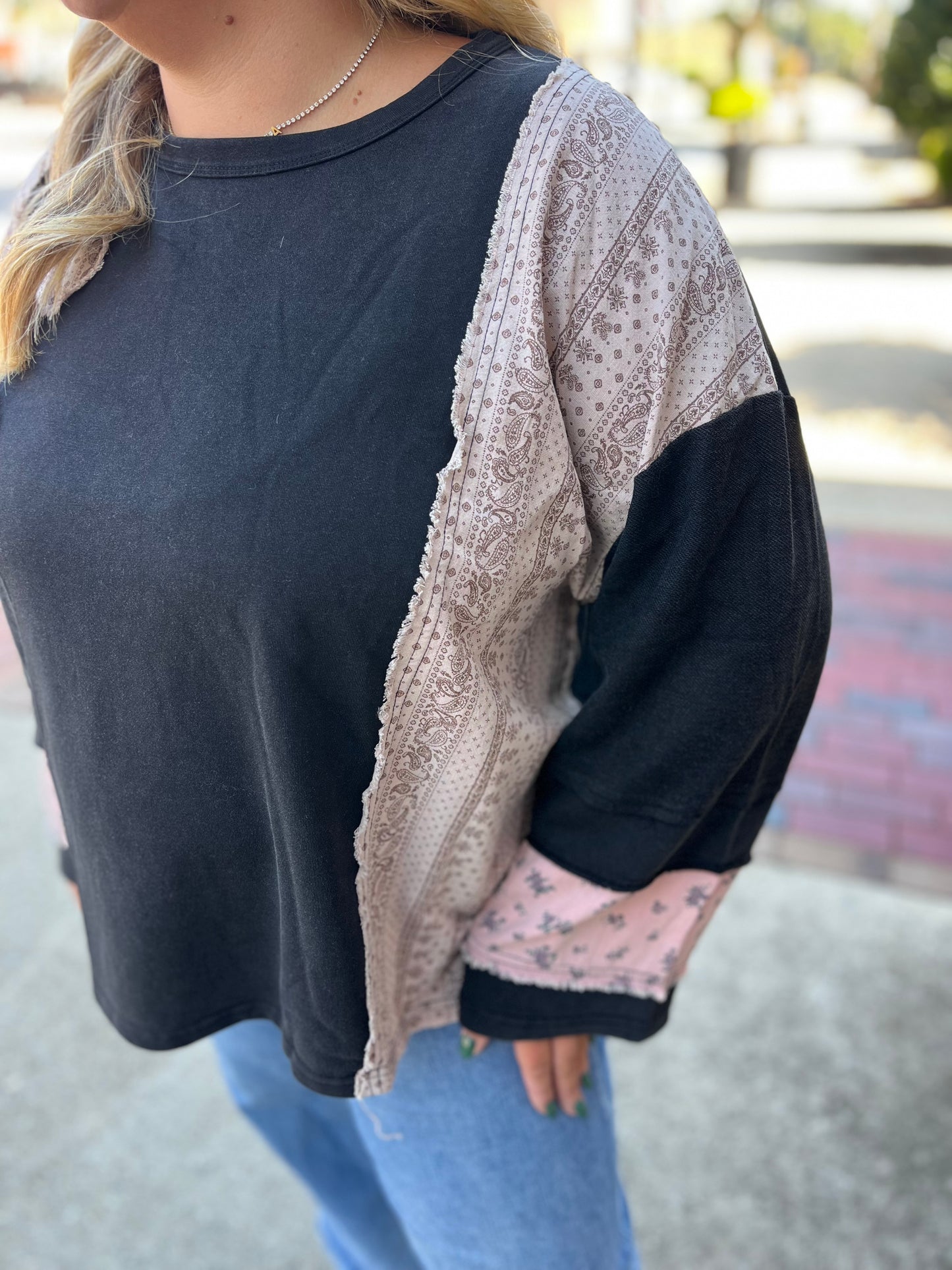 PLUS Umgee Ash French Terry Patchwork Sleeve Pullover – Relaxed Mineral Wash Sweatshirt