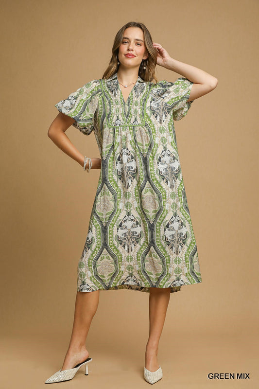 Umgee Sage Boho Print Midi Dress