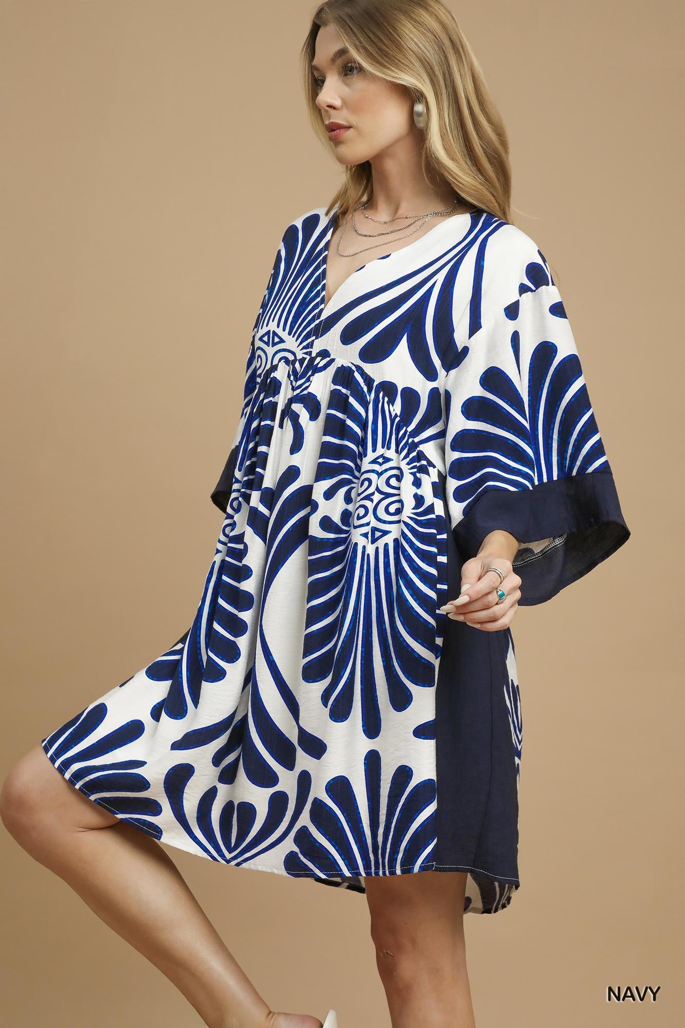 Umgee Abstract Print Kimono Sleeve Mini Dress – Navy Mix