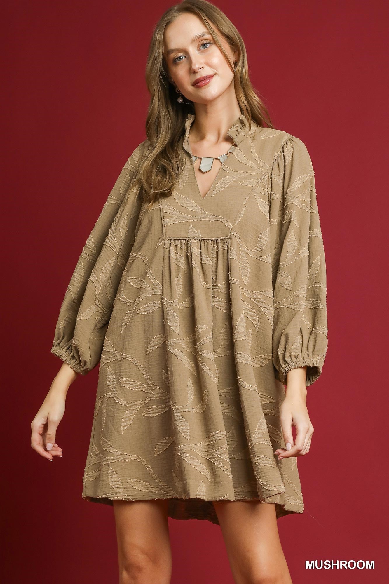 Umgee Jacquard High Ruffle Neck Dress