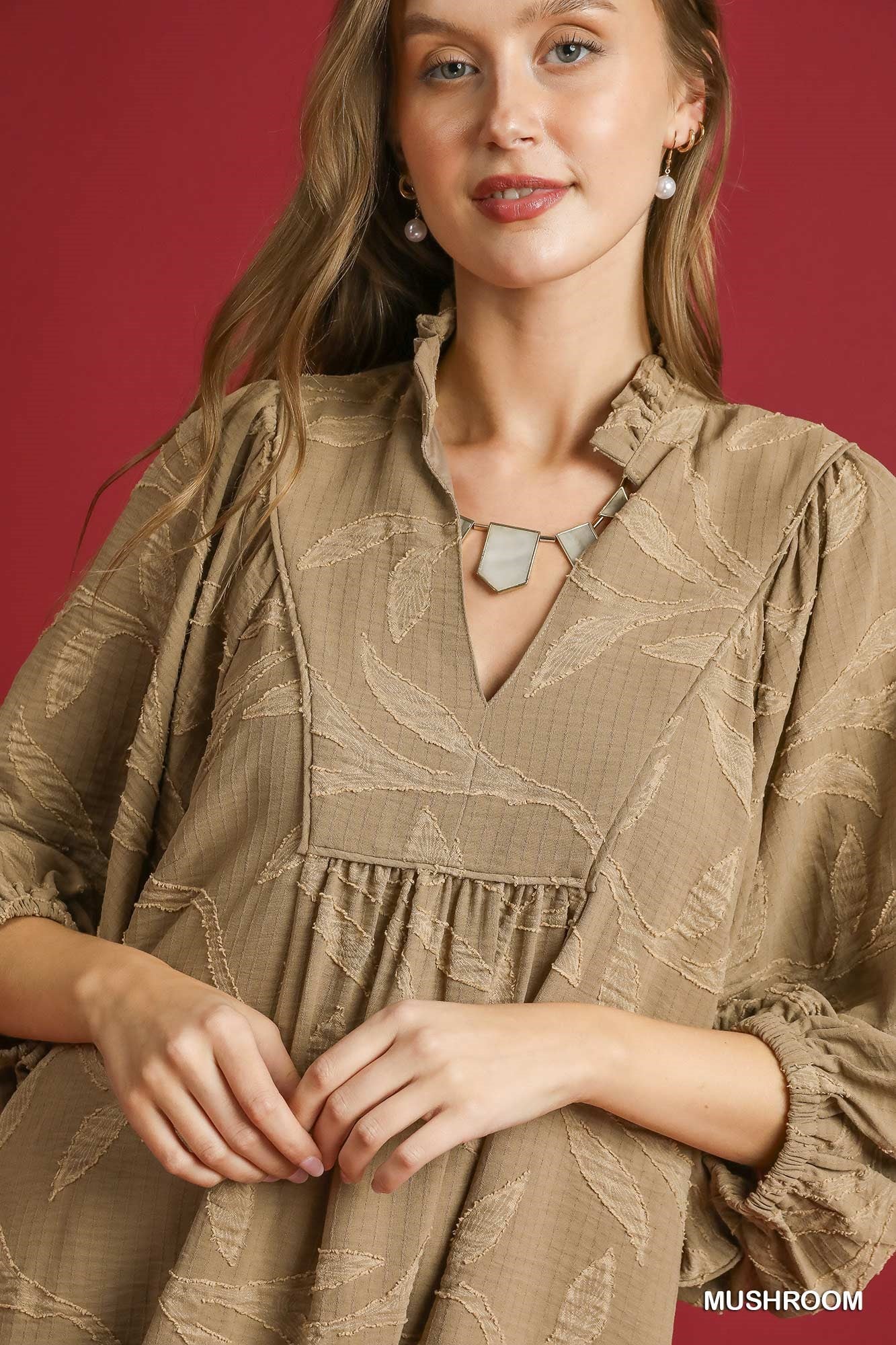 Umgee Jacquard High Ruffle Neck Dress