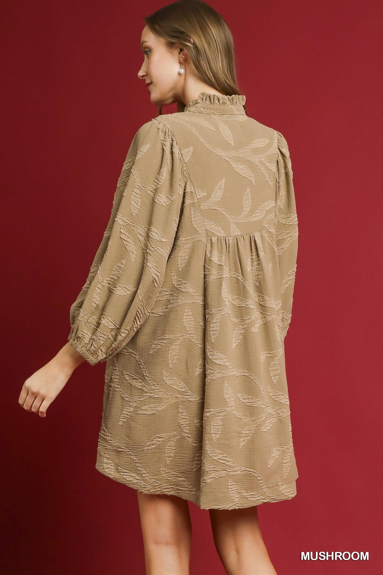 Umgee Jacquard High Ruffle Neck Dress