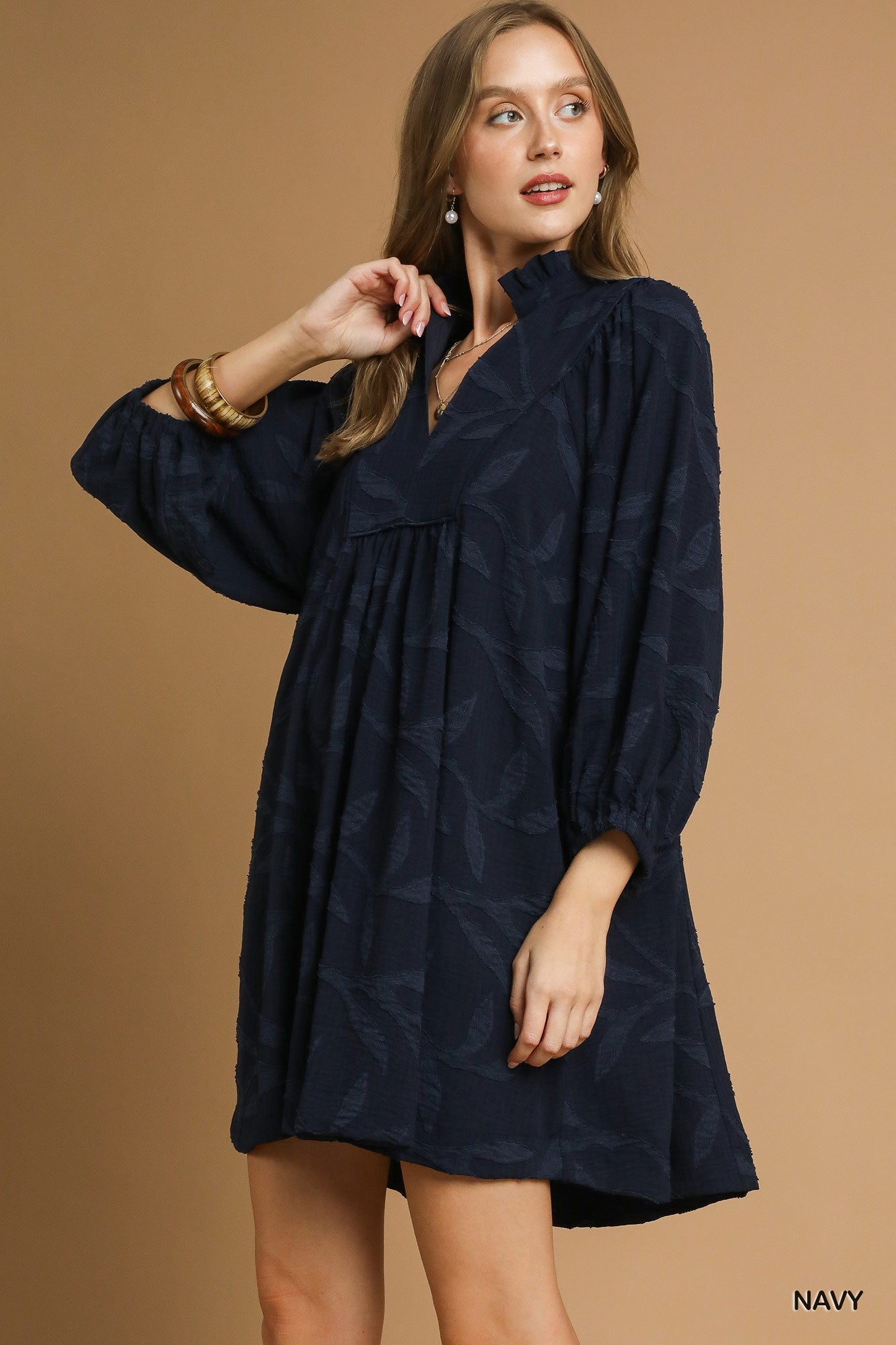 Umgee Jacquard High Ruffle Neck Dress