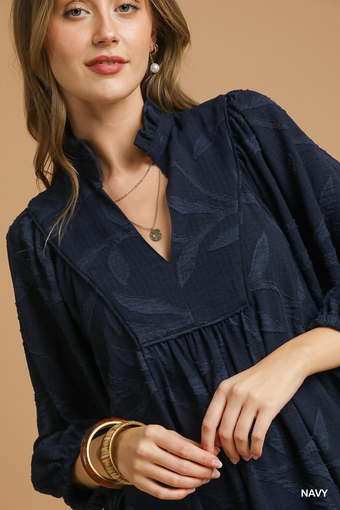 Umgee Jacquard High Ruffle Neck Dress