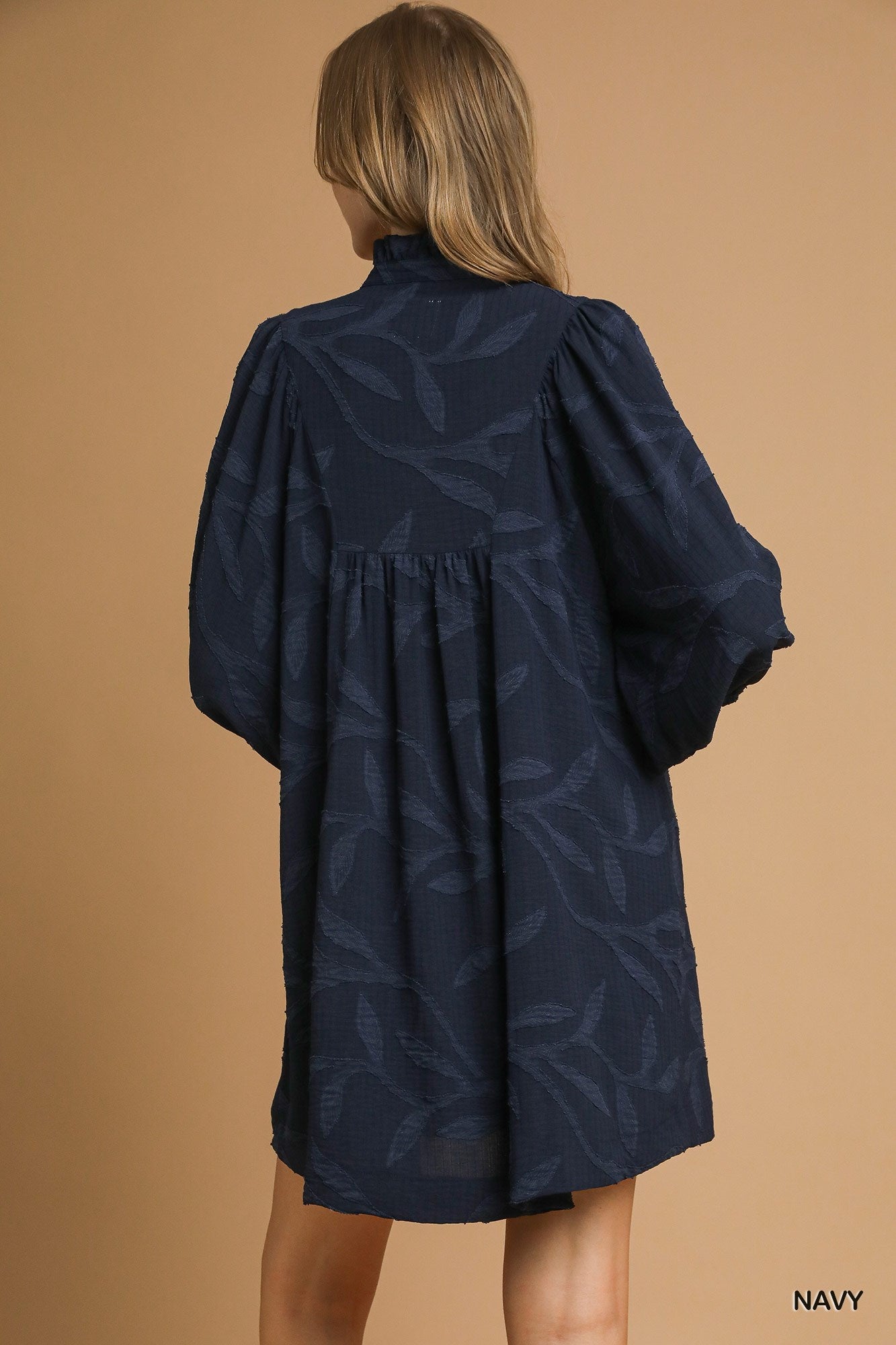 Umgee Jacquard High Ruffle Neck Dress