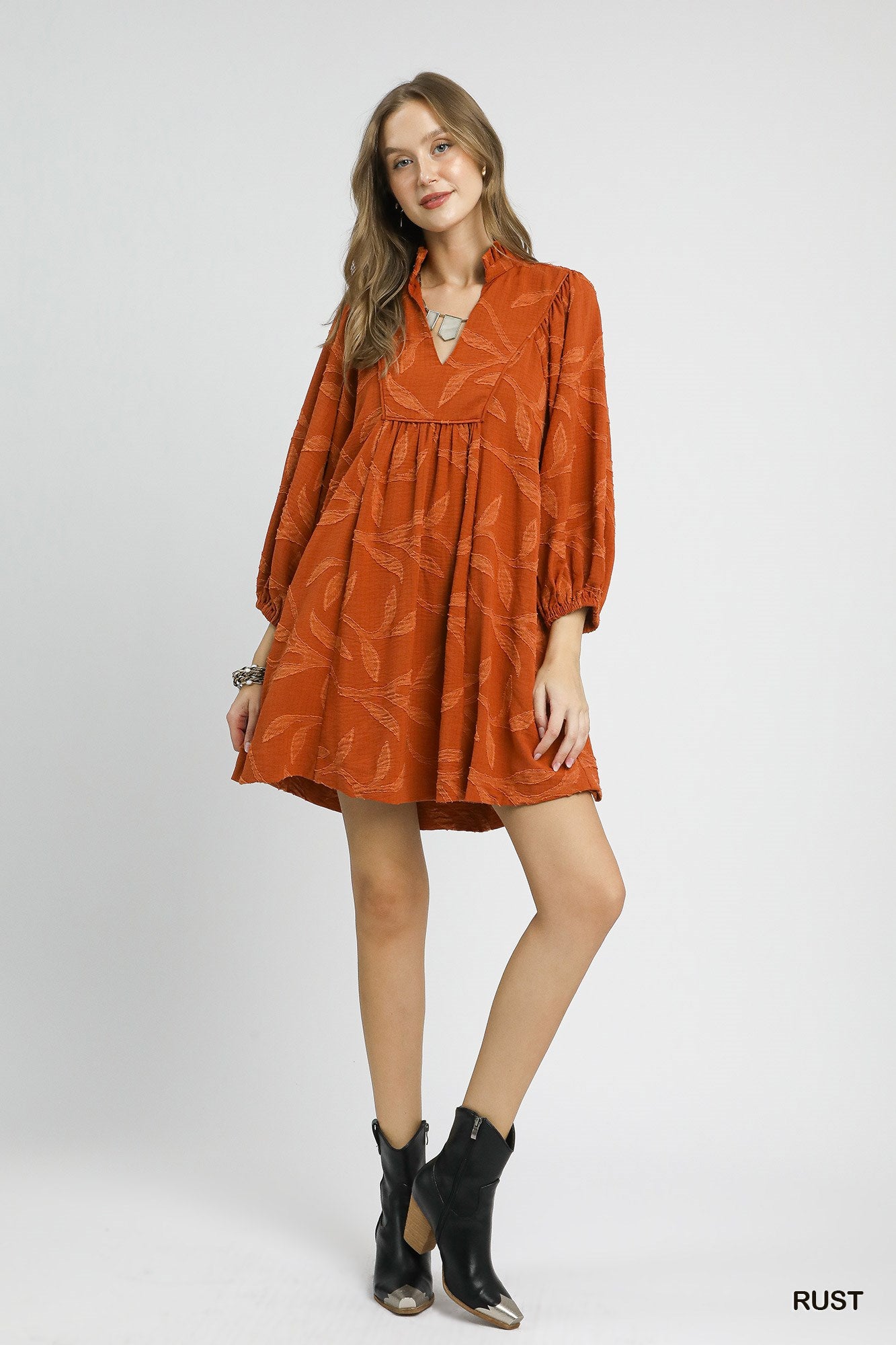 Umgee Jacquard High Ruffle Neck Dress