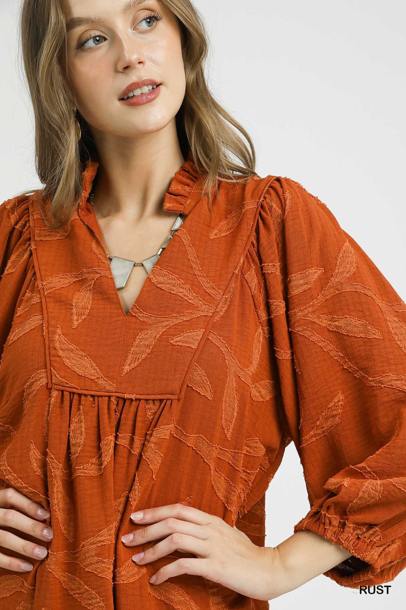Umgee Jacquard High Ruffle Neck Dress