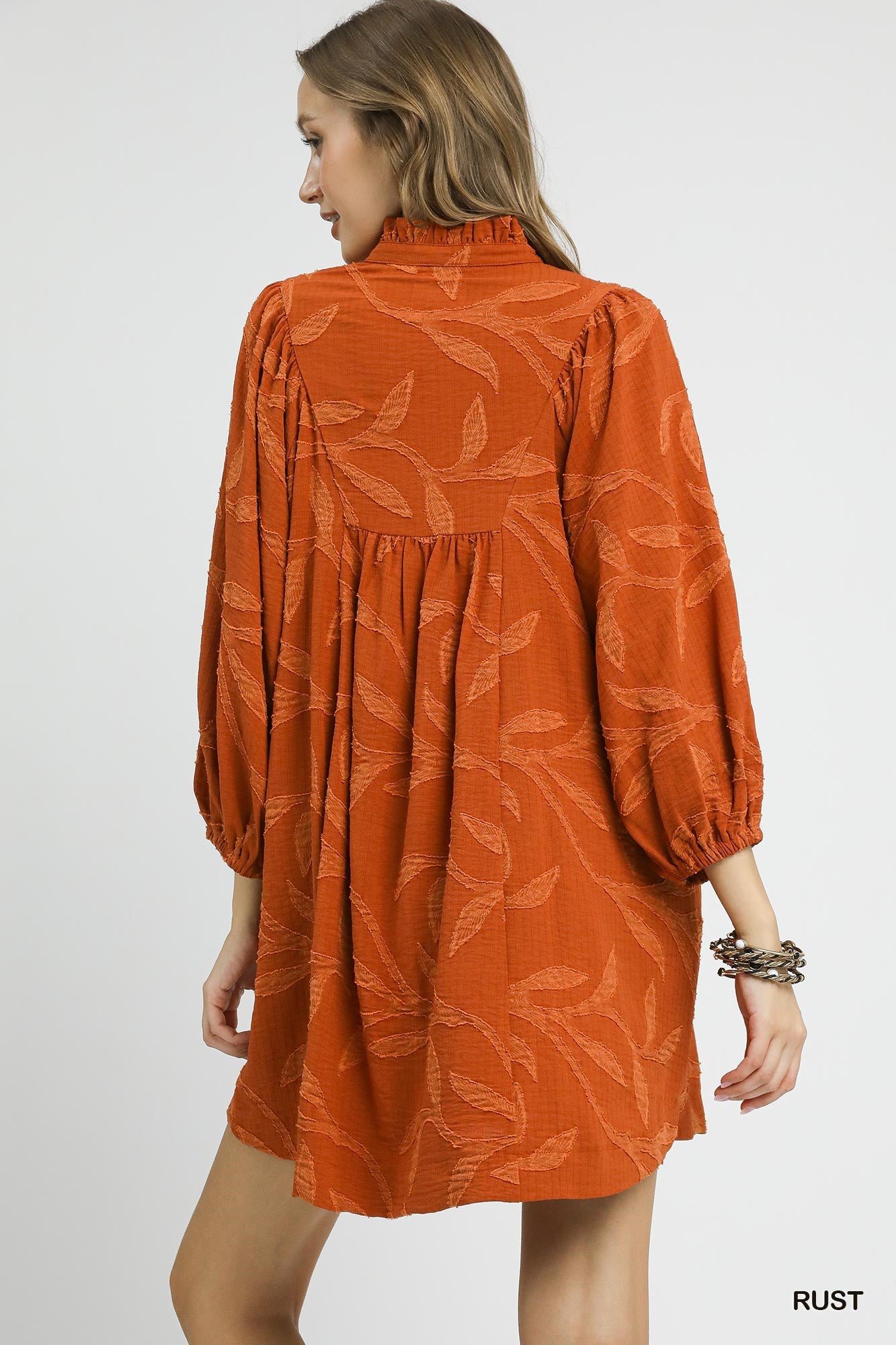 Umgee Jacquard High Ruffle Neck Dress