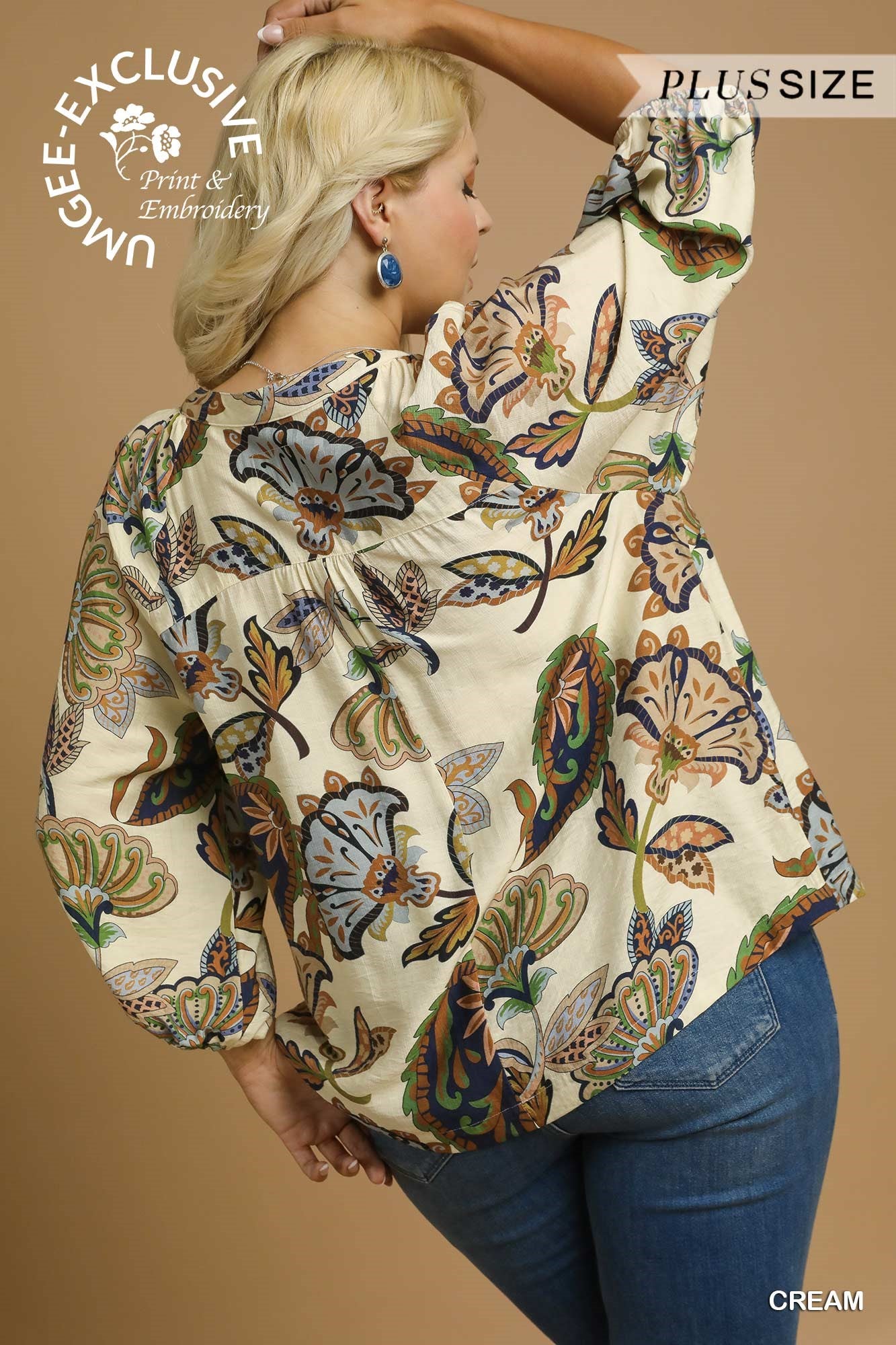 PLUS Umgee Boho Paisley Puff Sleeve Blouse – Cream