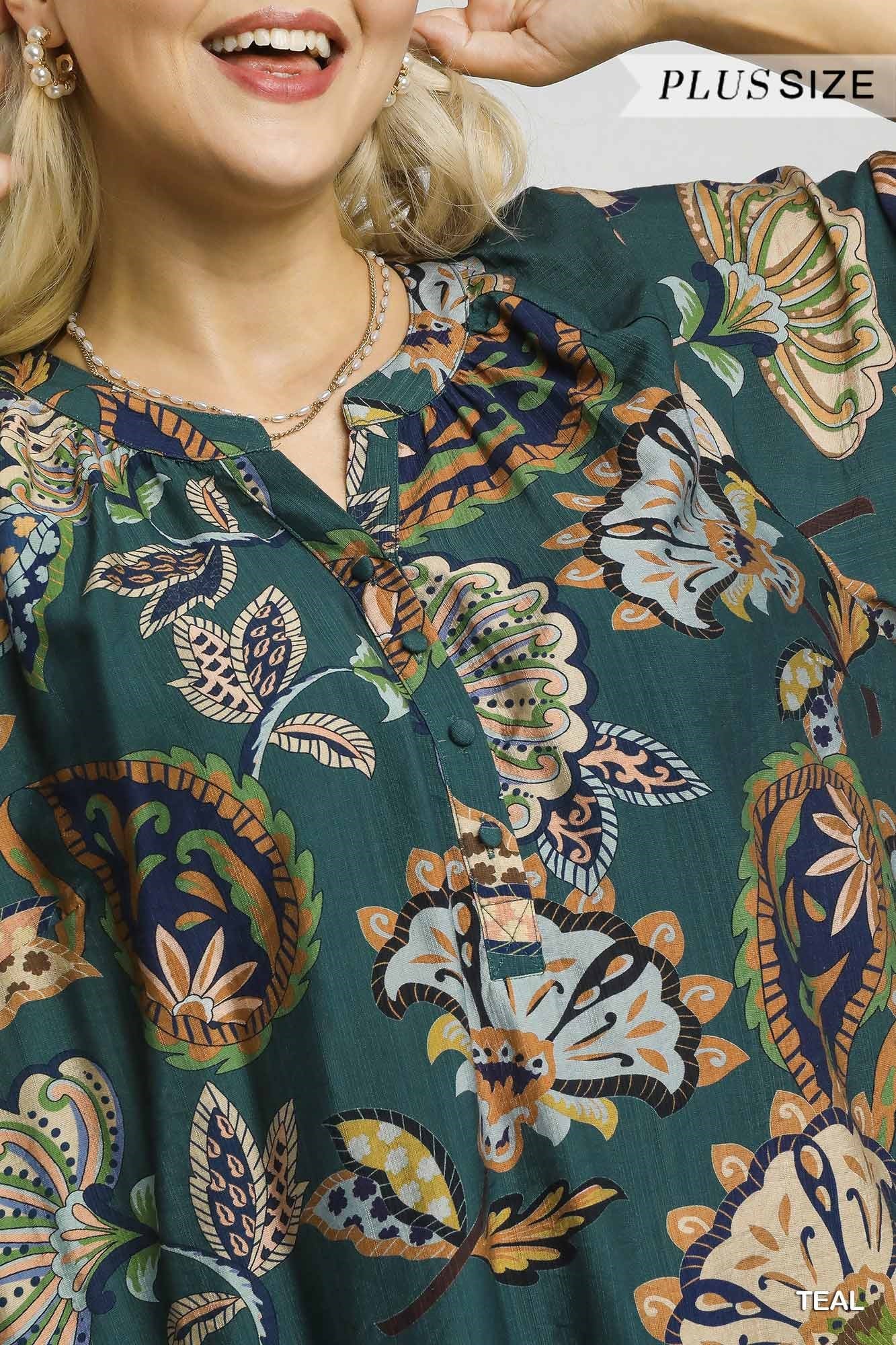 PLUS Umgee Boho Paisley Blouse with Puff Sleeves – Teal