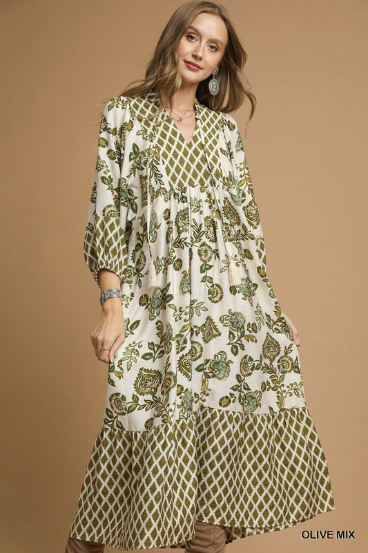 Umgee Mixed Print Boho Maxi Dress – Olive Mix V-Neck Tiered Long Sleeve Dress
