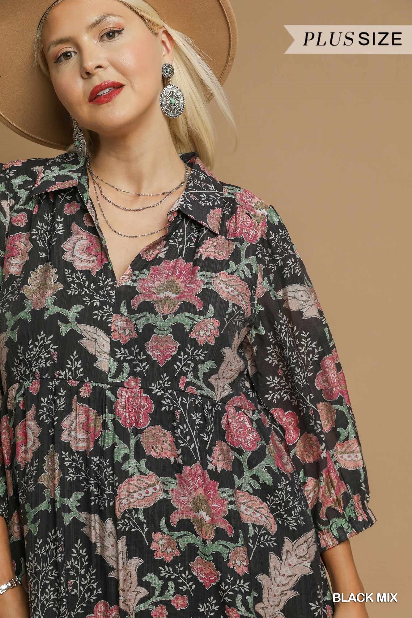 PLUS Umgee Boho Floral Tiered Midi Dress with Puff Sleeves – Black Mix