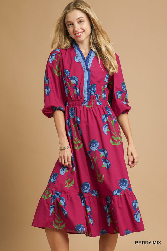 Umgee Berry Mix Floral Midi Dress – Ruffle Trim Balloon Sleeve Cotton Dress