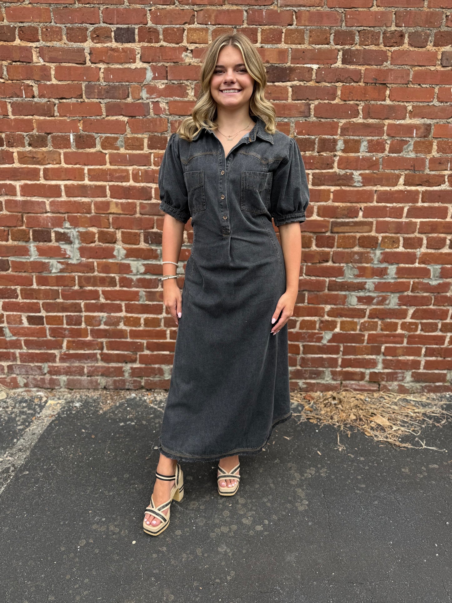 Umgee Black Denim Button Down Midi Dress