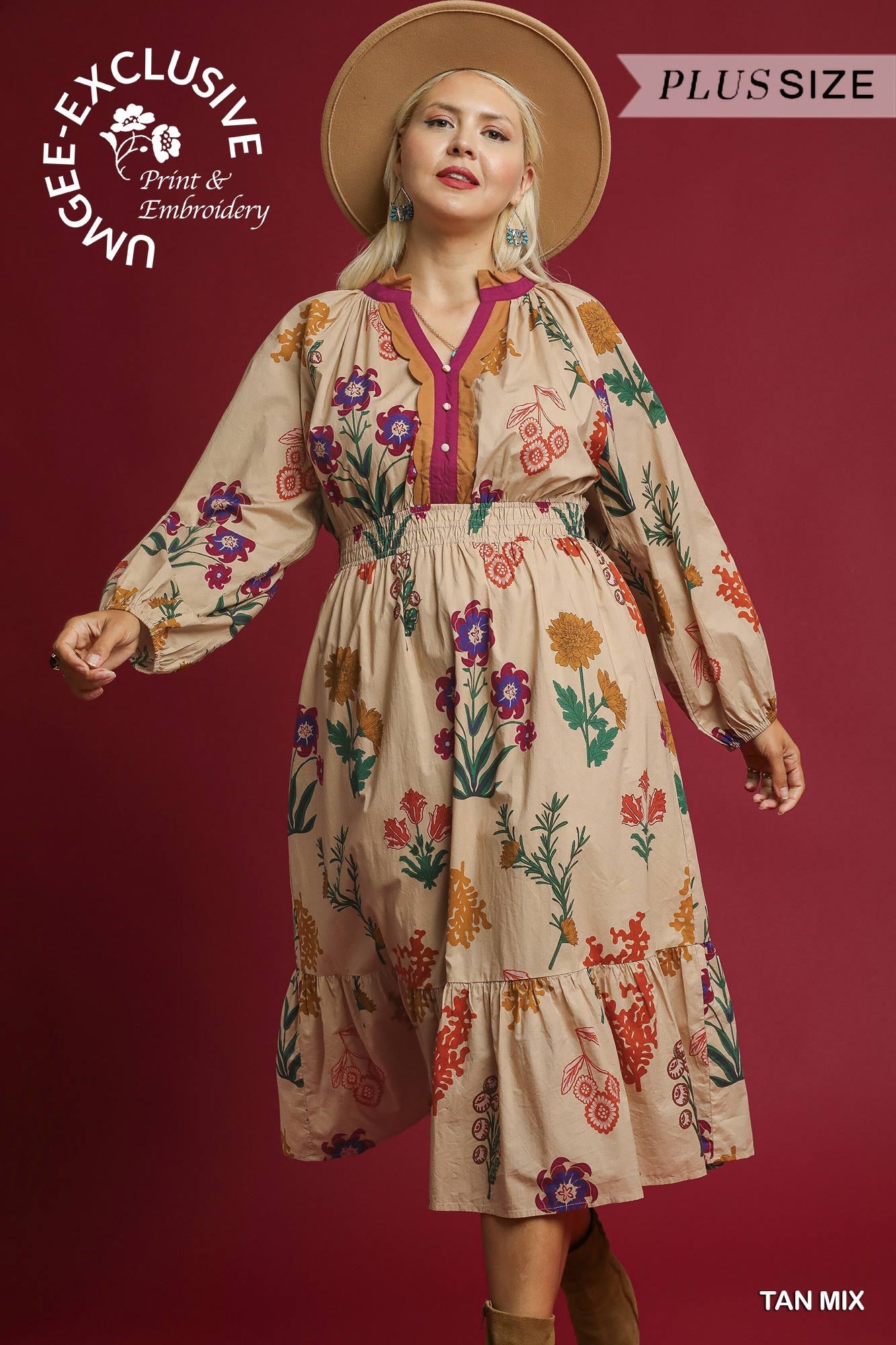 PLUS Umgee Mix Floral Midi Dress – Long Sleeve Smocked Waist Dress for Fall & Winter