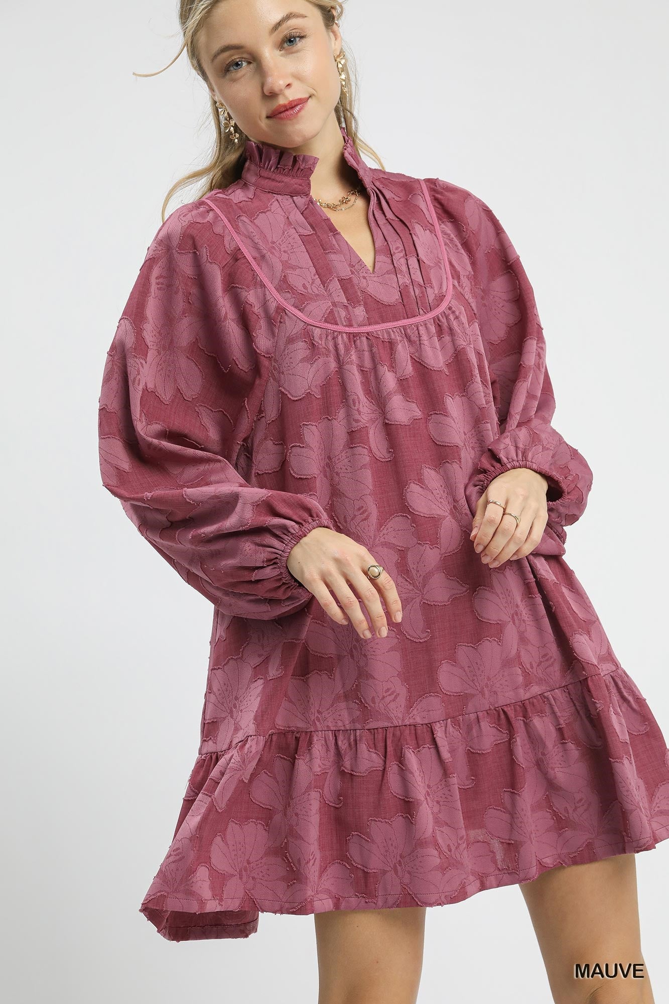 Umgee Textured Jacquard Mock Neck Babydoll Dress with Contrast Piping Mauve - S Umgee Textured Jacquard Mock Neck Babydoll Dress with Contrast Piping Mauve - S