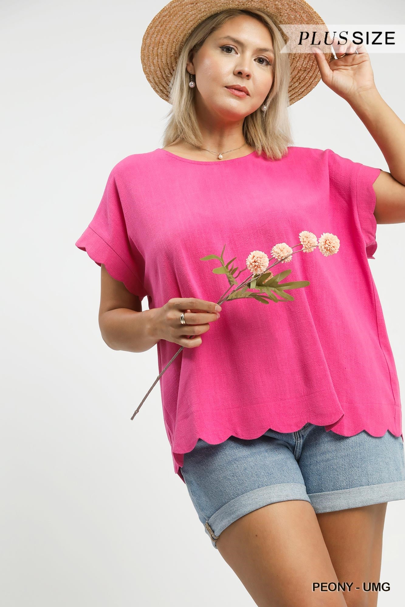 Umgee Peony Pink Scallop Hem Linen Top