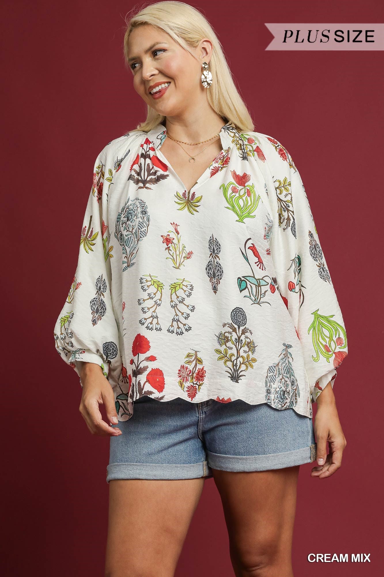 PLUS Umgee Split Neck Floral Print Blouse with Scalloped Edge