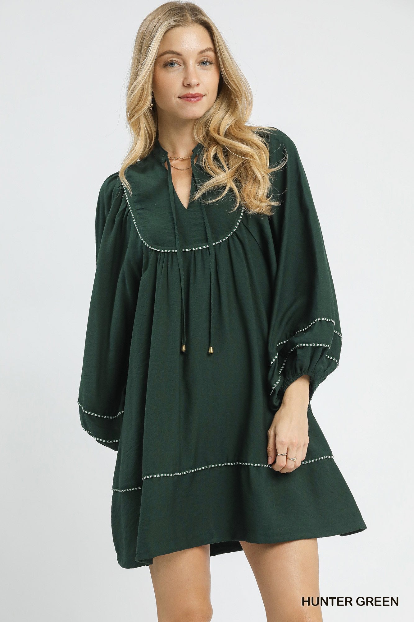 Umgee Boho Peasant Mini Dress with Balloon Sleeves Hunter Green - S Umgee Boho Peasant Mini Dress with Balloon Sleeves Hunter Green - S