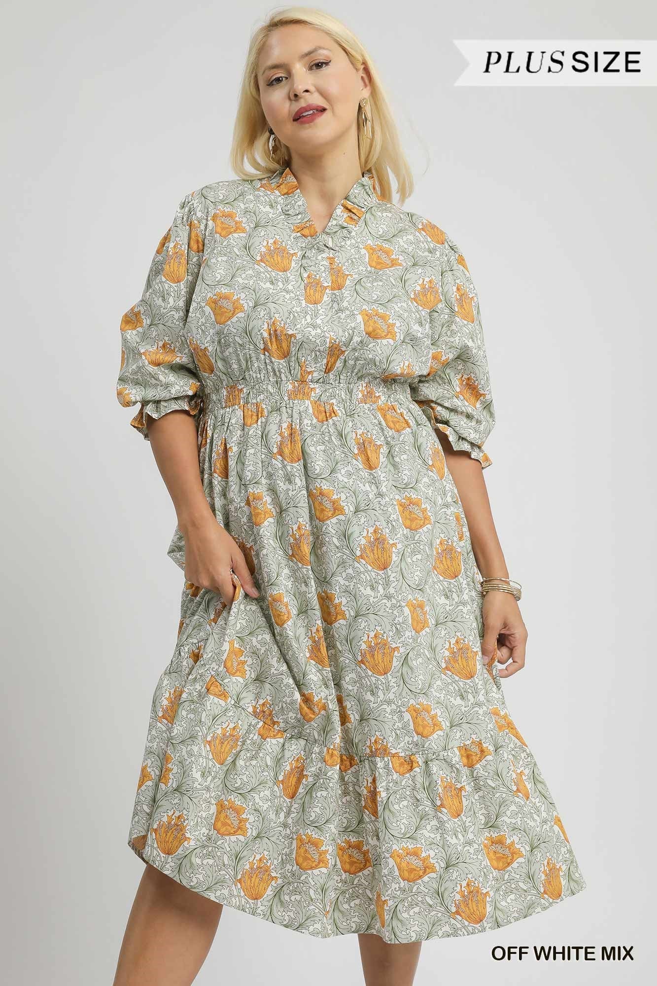 Umgee Plus Abstract Print Tiered Midi Dress – Cream/Gold Mix
