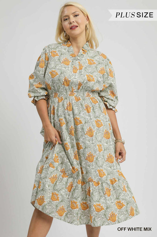 Umgee Plus Abstract Print Tiered Midi Dress – Cream/Gold Mix