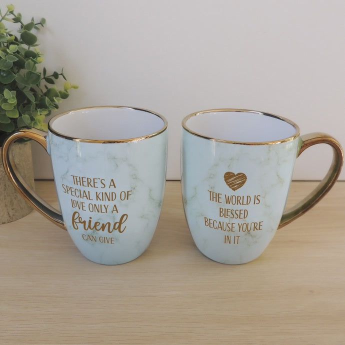 SPEC LOVE FRIEND BLUE MARBLE MUG W/GOLD HANDLE