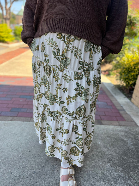 Entro Floral Print Tiered Pull-On Midi Skirt - Green