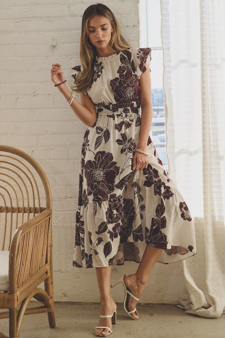 Oddi Soft Marsala Flutter Sleeve Midi Dress – Smocked Waist