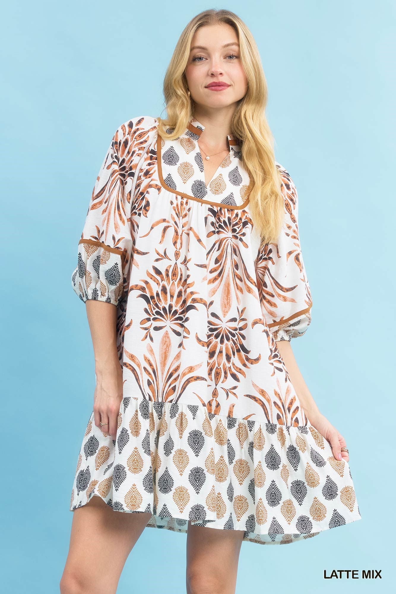 umgee fall dresses Latte Mixed Print Babydoll Boho Ruffle Hem Dress with Pockets neckline with subtle ruffle Size:36XS True Red EB DENIM Strapless Long