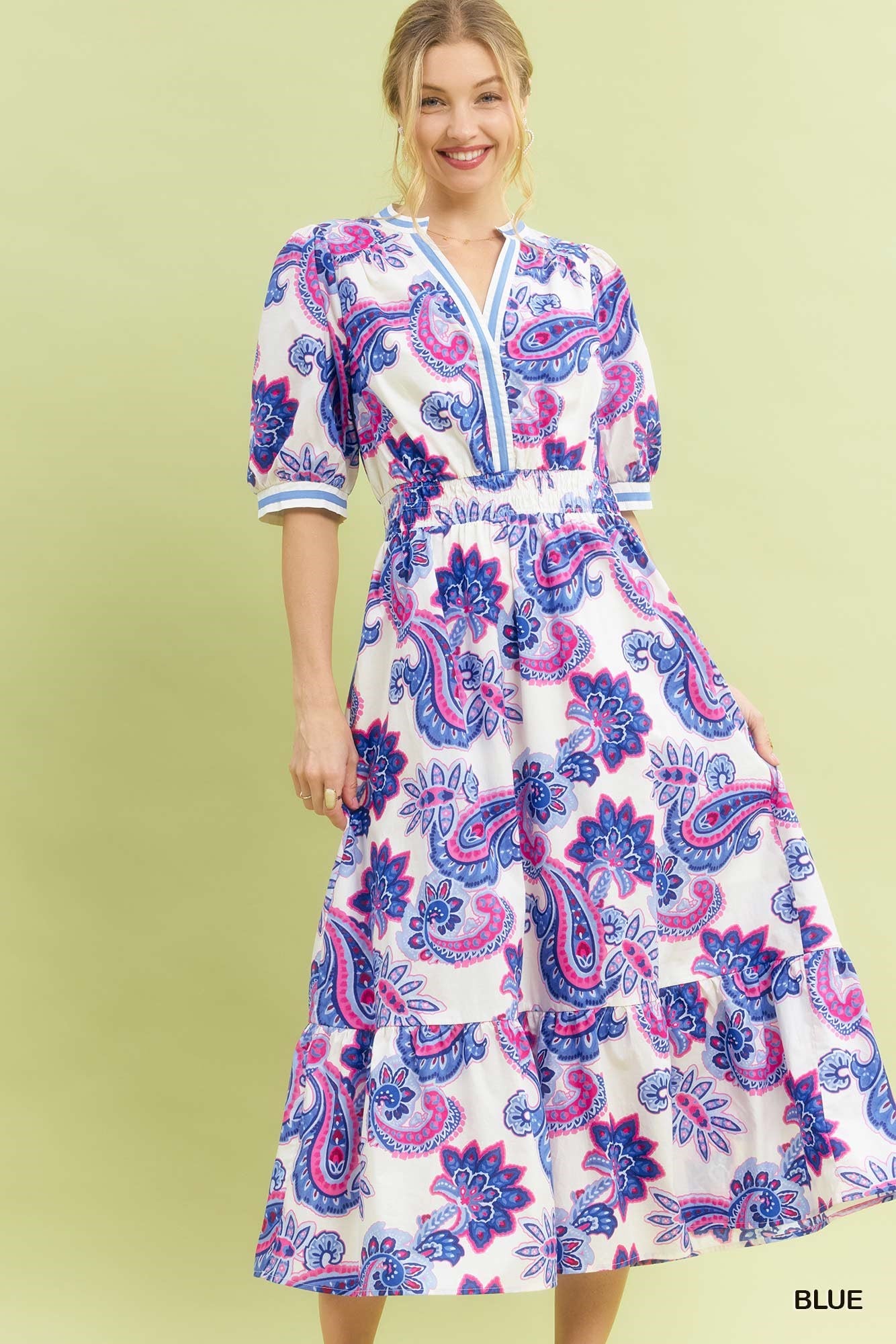 umgee blue and white dress Paisley Smocked Waist Midi Machine wash cold SIZE:33/32 Sequins One-Sleeve Black Formal Eveningwear