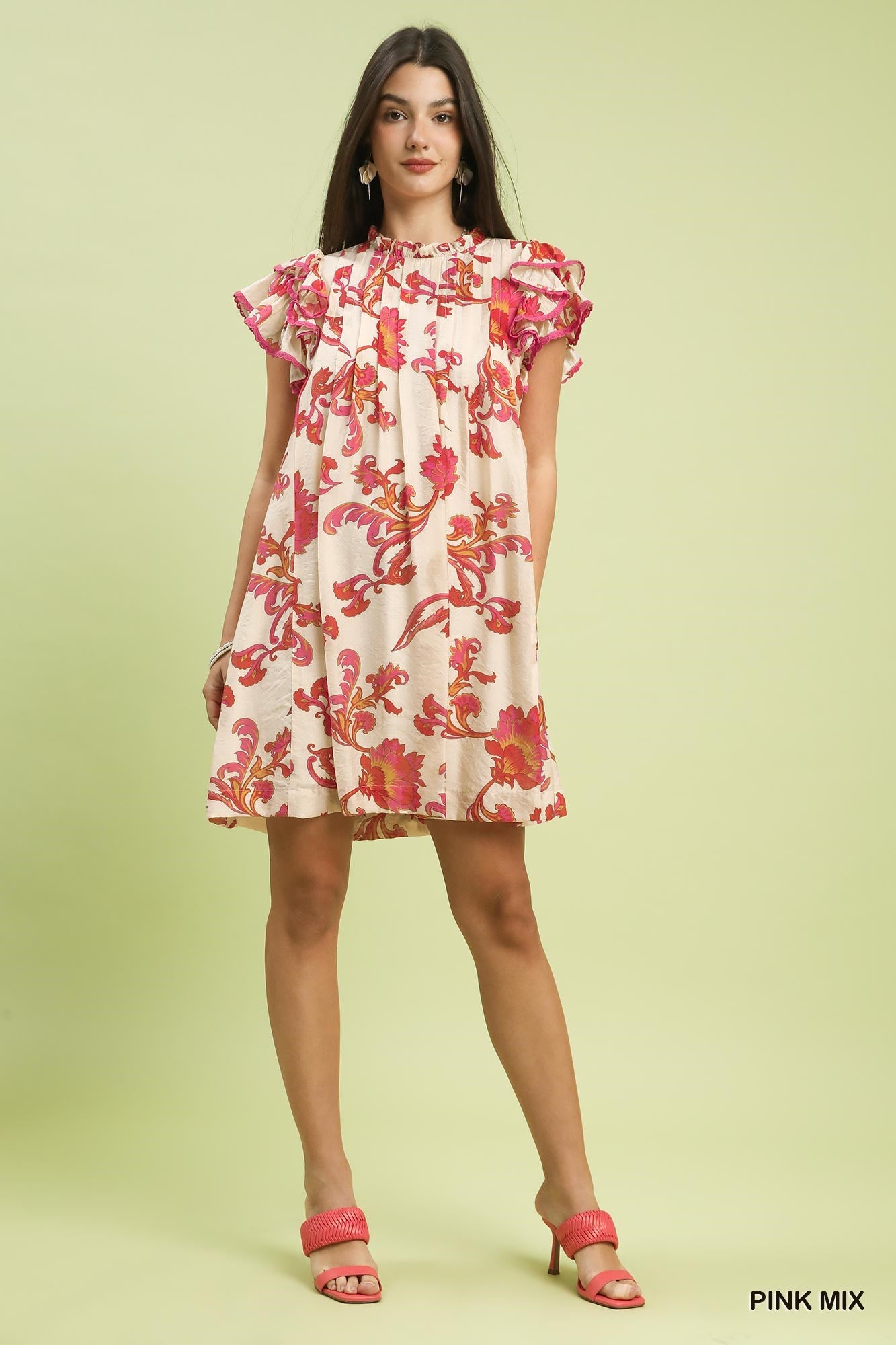 Umgee Pink Floral Ruffle Sleeve Swing Dress