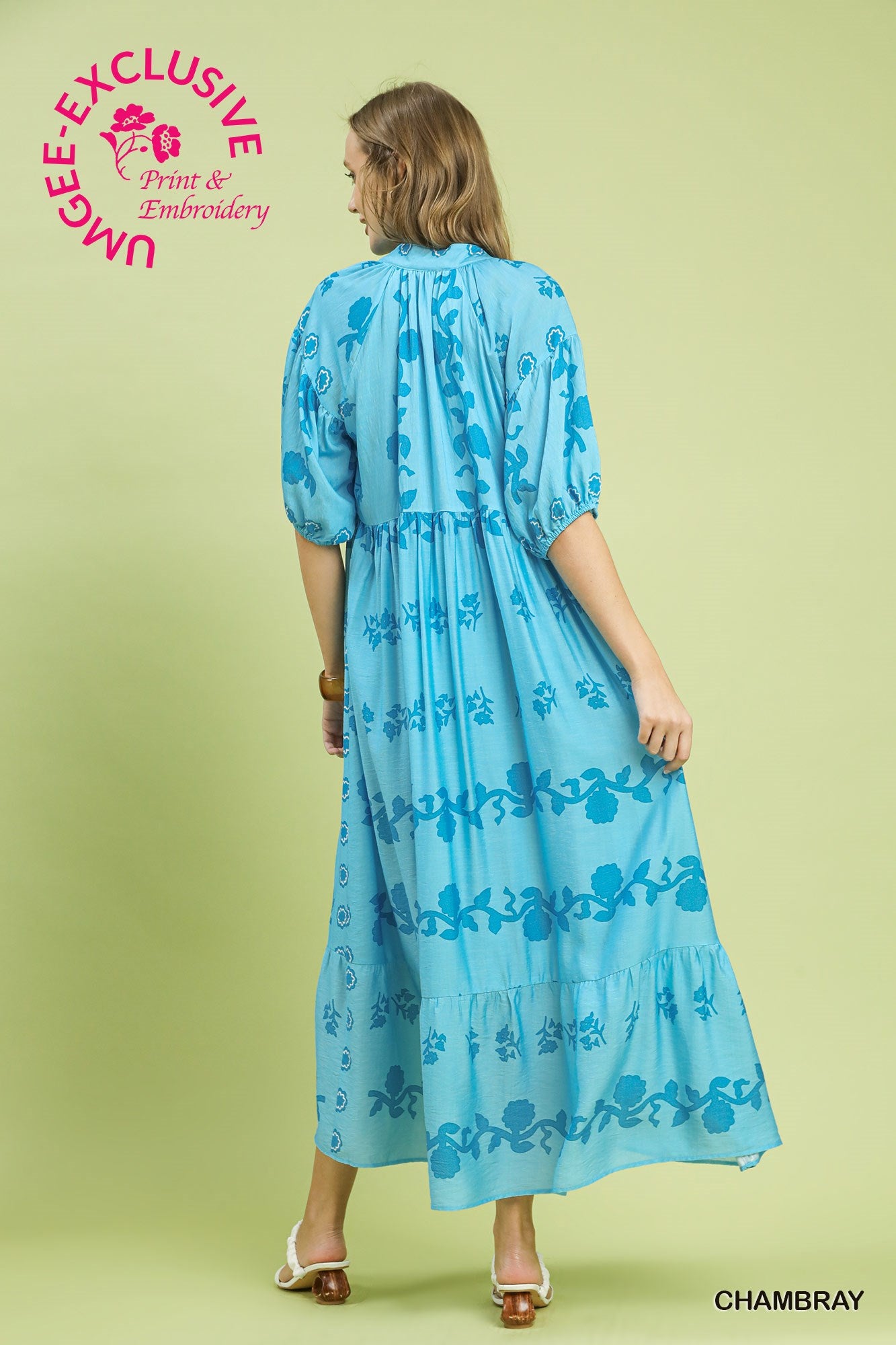 Umgee Exclusive Vine Stippling Print Tiered Maxi Dress – Chambray Blue