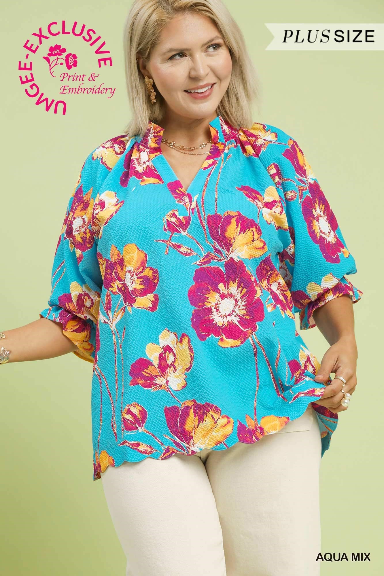 PLUS Umgee Aqua Mix Floral Puff Sleeve Top – Seersucker Ruffle Neck Blouse