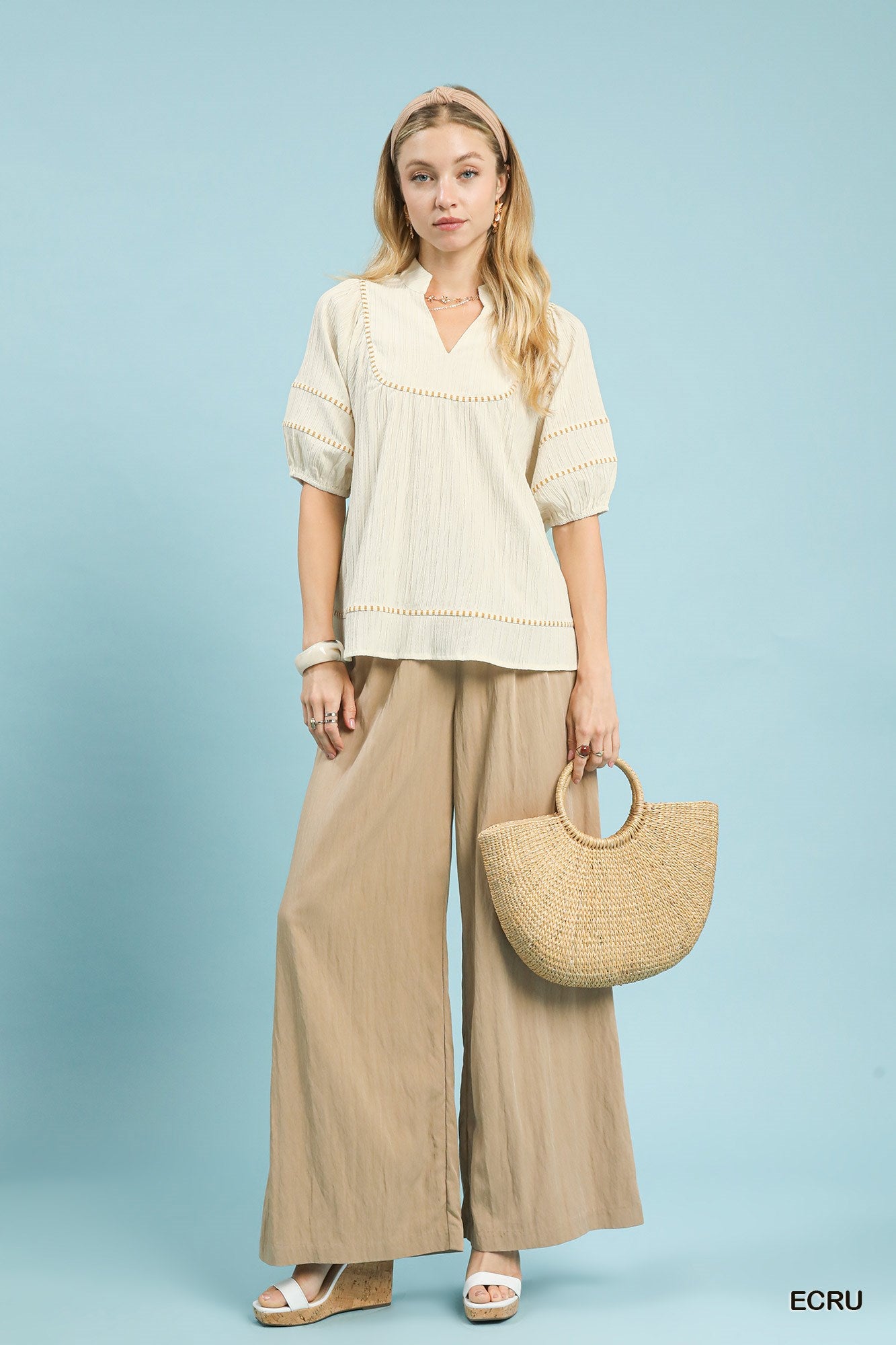 Umgee Ecru Textured Contrast Trim Top