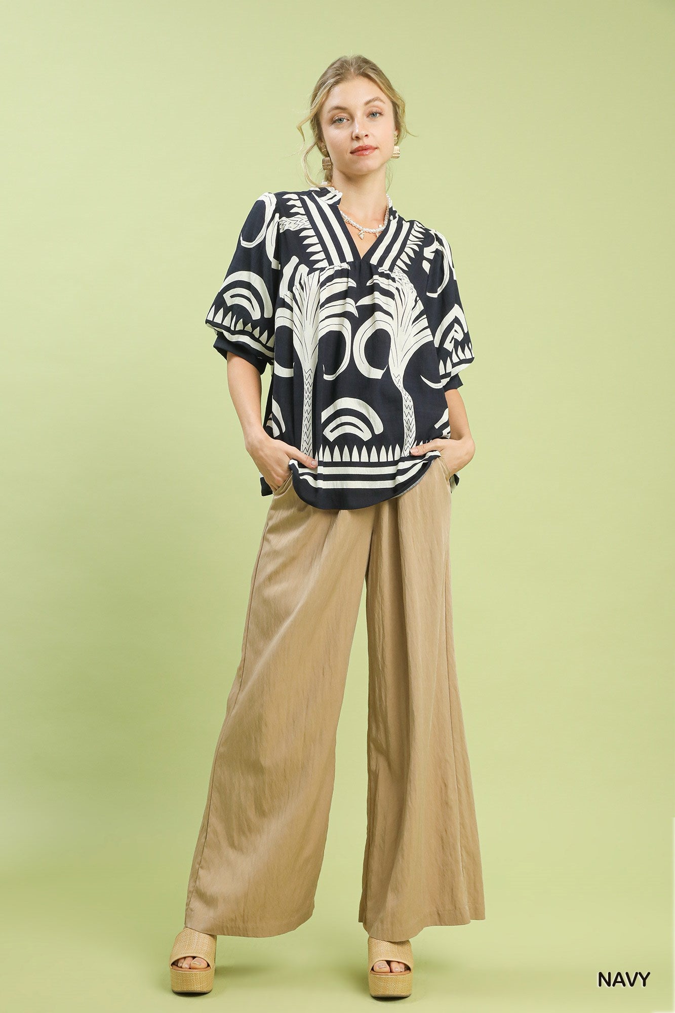 Umgee Folk Art Palm Print V-Neck Top - Navy