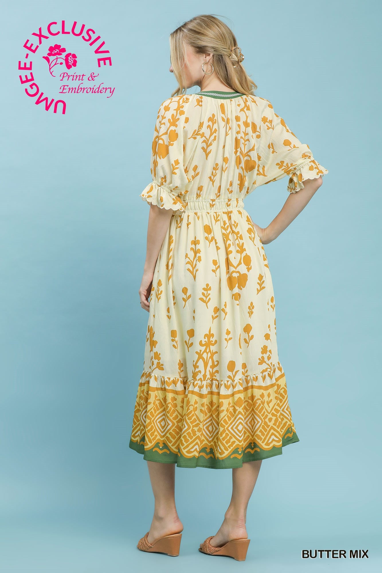 Umgee Floral Smocked Waist Midi Dress - Butter Yellow