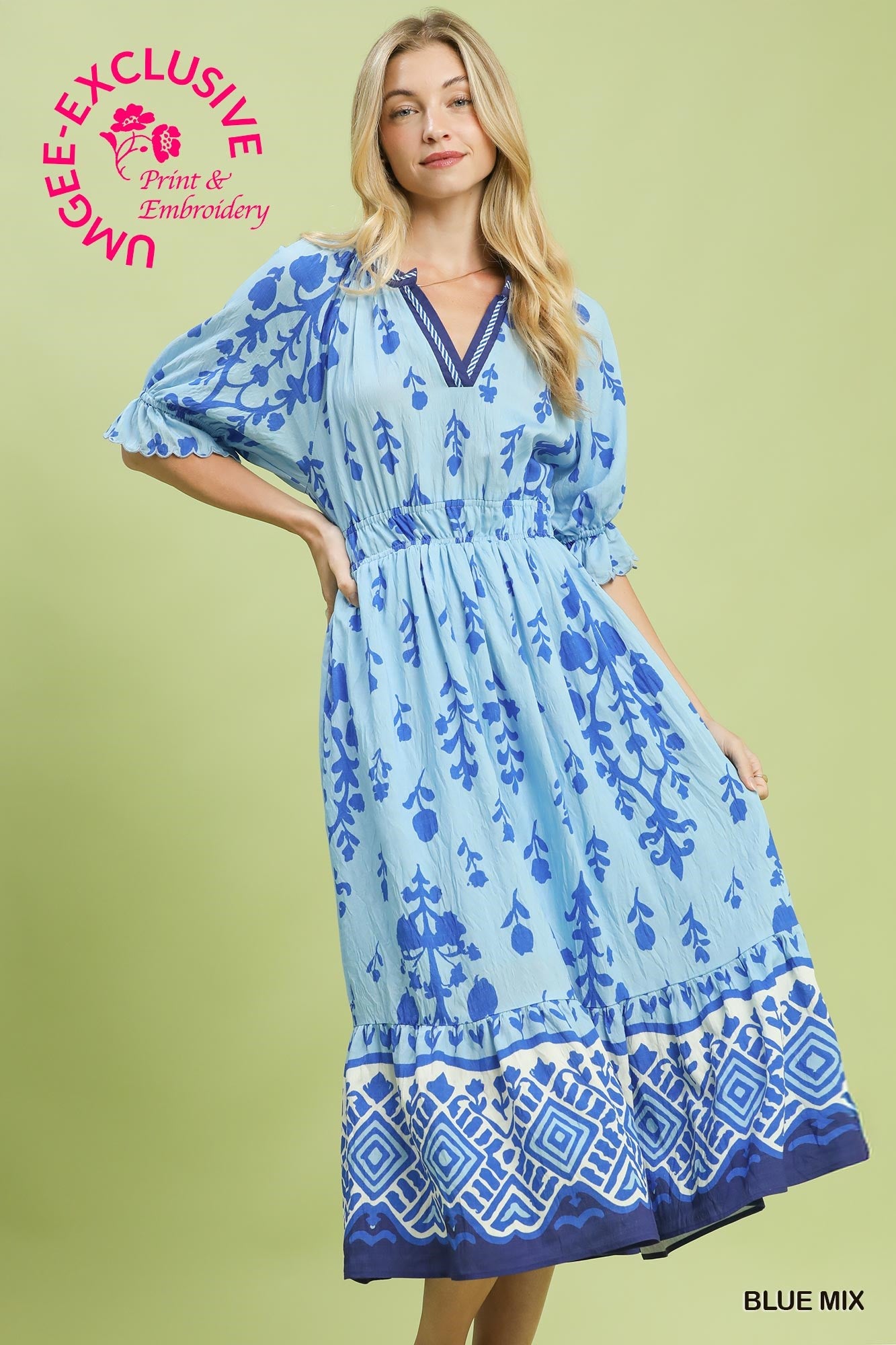 umgee blue and white dress Floral Smocked Waist Midi this charming dress highlights Length:SHORT - 56